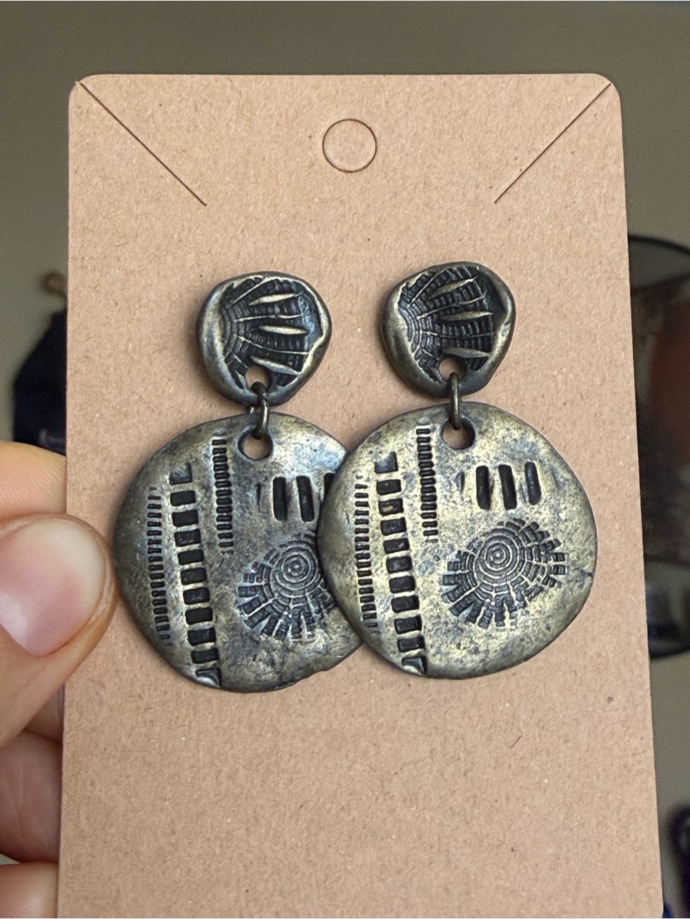 VTG Brutalist Metal Bronze Disc Statement Dangle Earrings Chunky Abstract